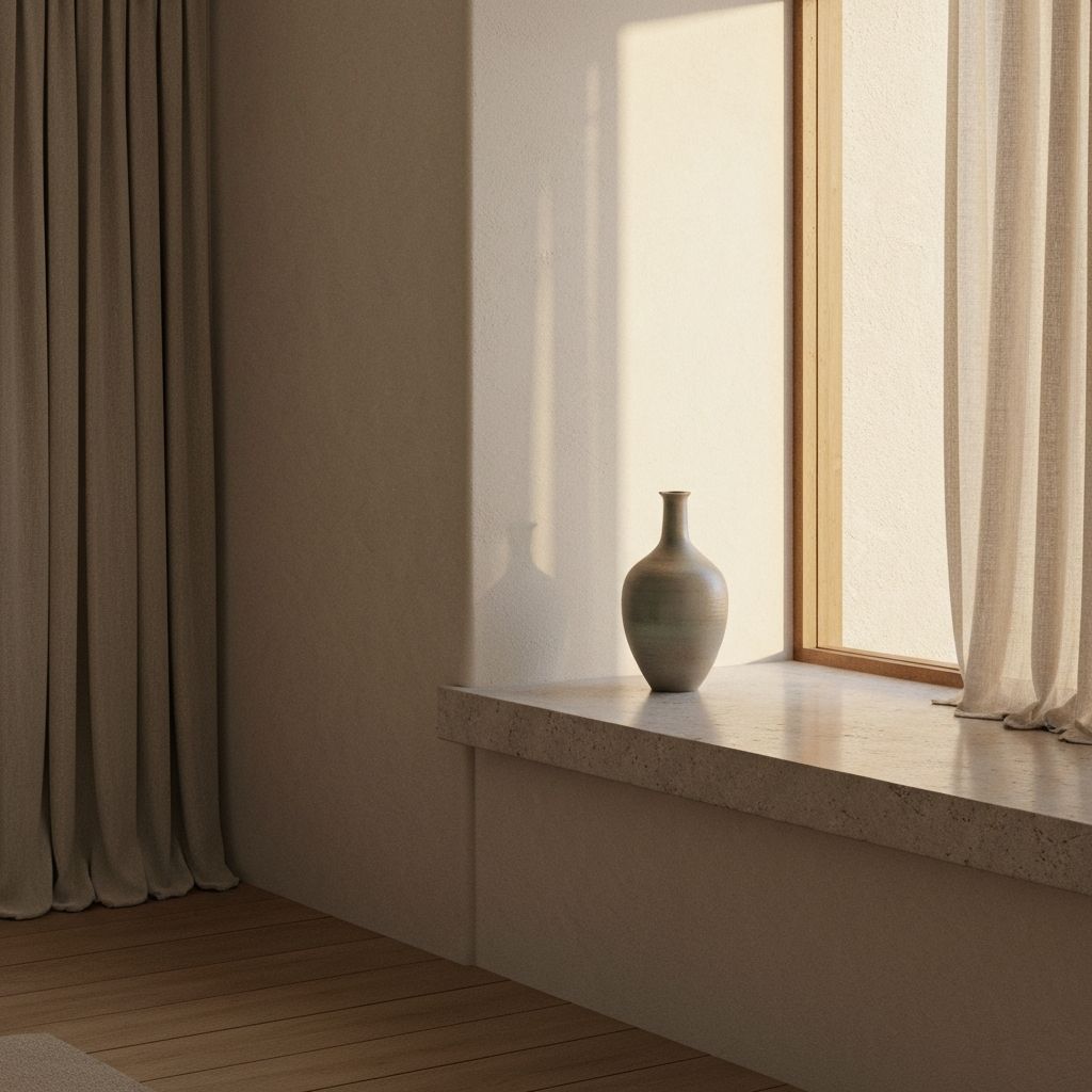 A serene minimal interior with a ceramic vase on a stone windowsill in afternoon light