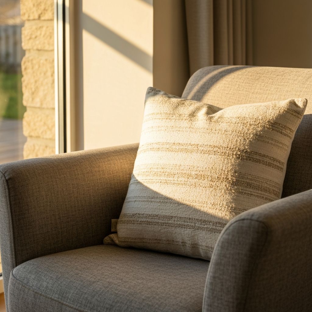 Natural linen cushions stacked on aged wooden bench