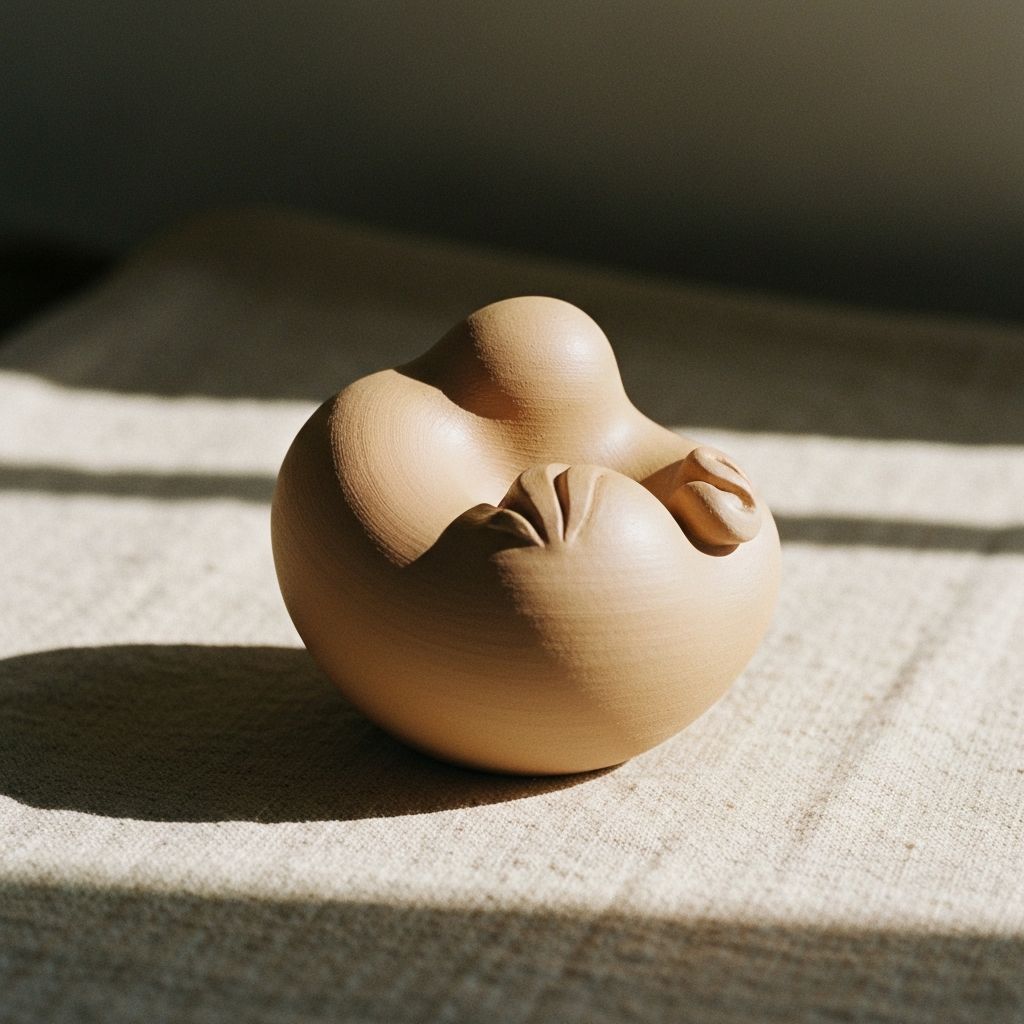 Small sculptural ceramic object with matte finish on raw linen