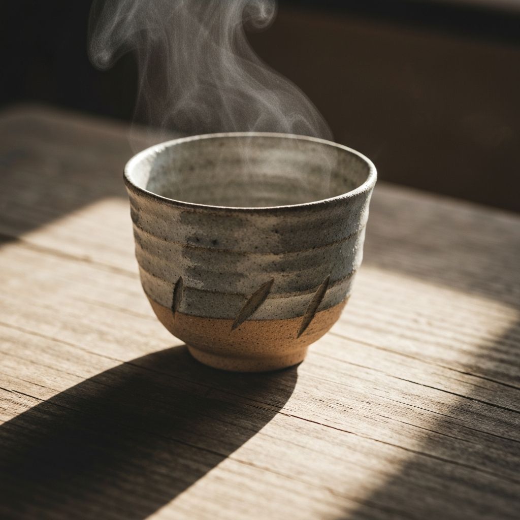 Handmade stoneware cup with visible throwing marks on aged wood