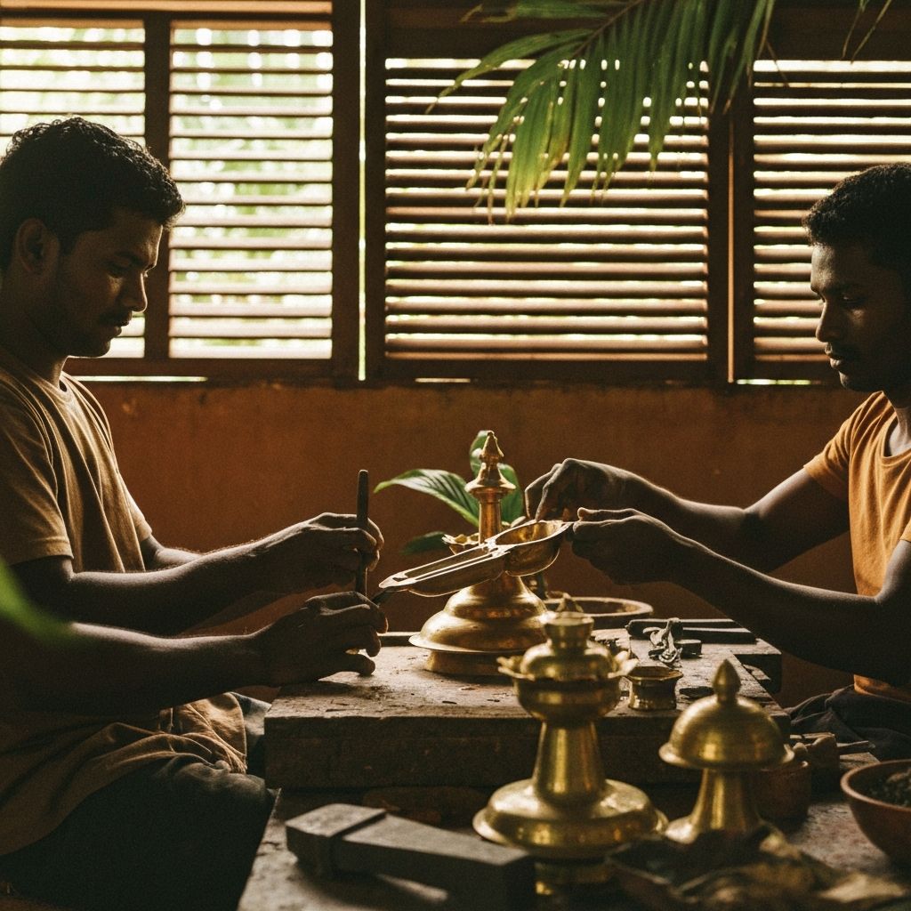 Sri Lankan artisan crafting a traditional brass object in a tropical workshop