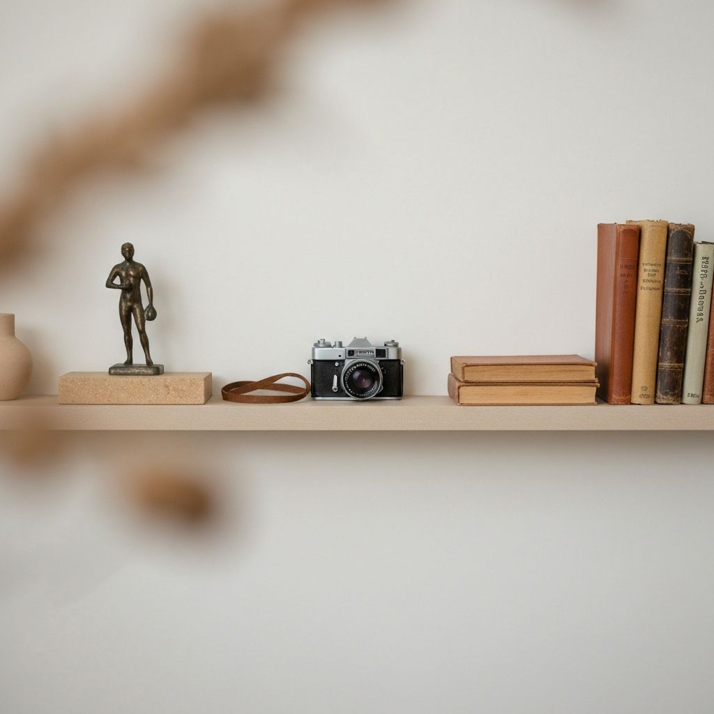 A curated collection of interior objects arranged on a long wooden shelf against a plaster wall